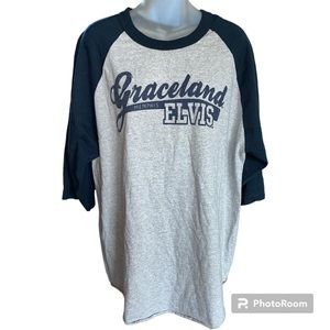 Graceland Women’s Distressed Graphic Elvis Navy and Gray Raglan Baseball T Shirt